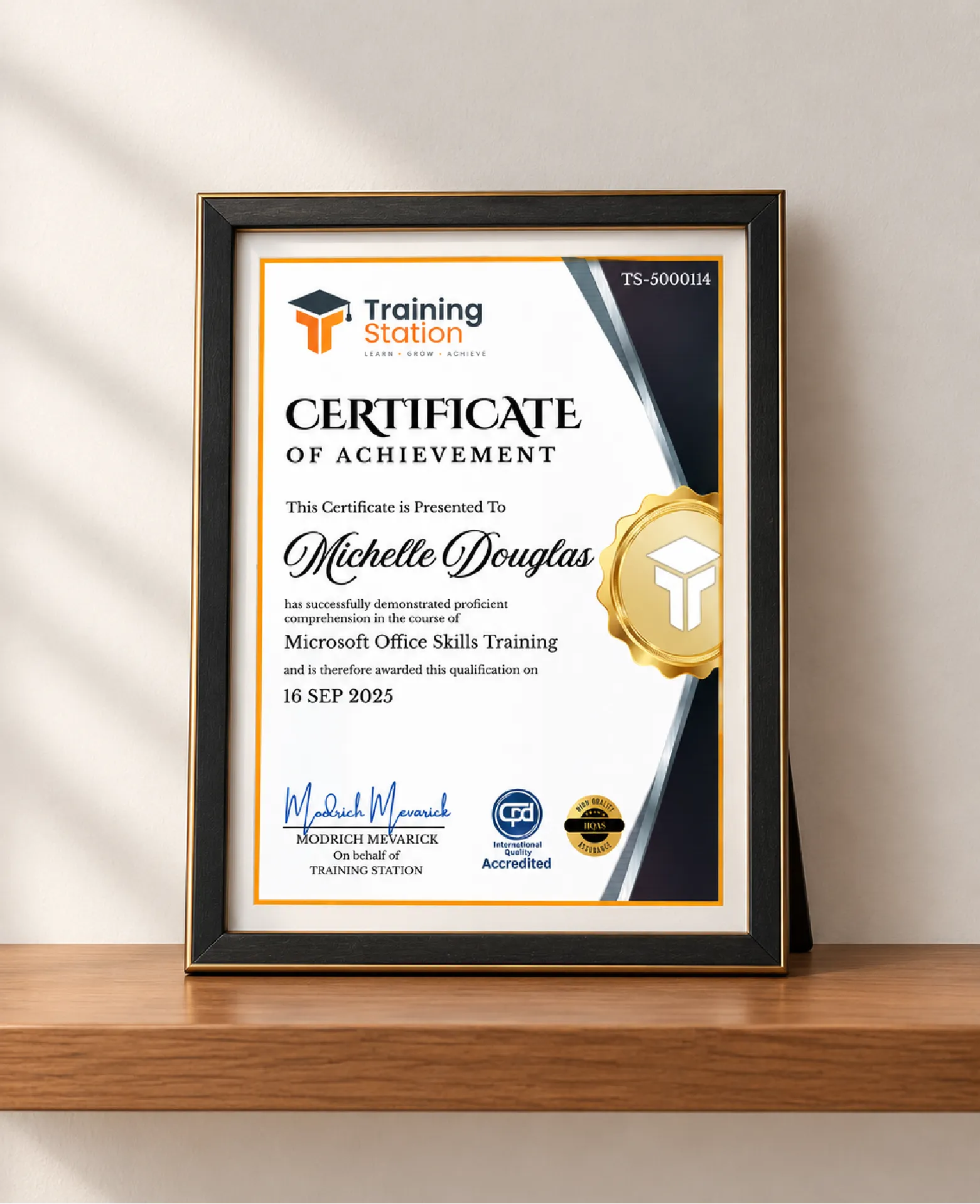 Framed CPD-IQ certificate of achievement